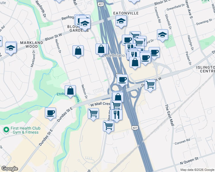 map of restaurants, bars, coffee shops, grocery stores, and more near 202 The West Mall in Toronto