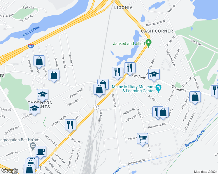 map of restaurants, bars, coffee shops, grocery stores, and more near 9 Rosetti Avenue in South Portland