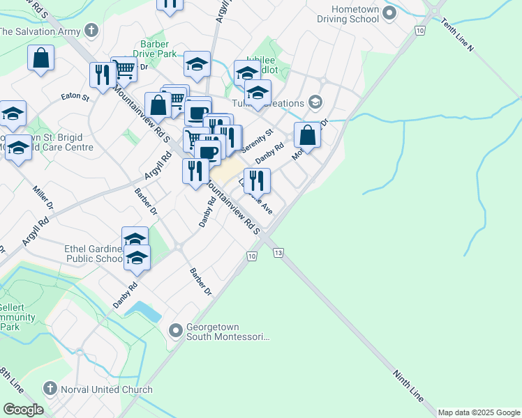 map of restaurants, bars, coffee shops, grocery stores, and more near 46 La Roche Avenue in Halton Hills