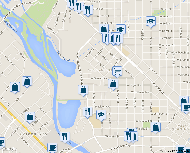 map of restaurants, bars, coffee shops, grocery stores, and more near 2910 West Stewart Avenue in Boise