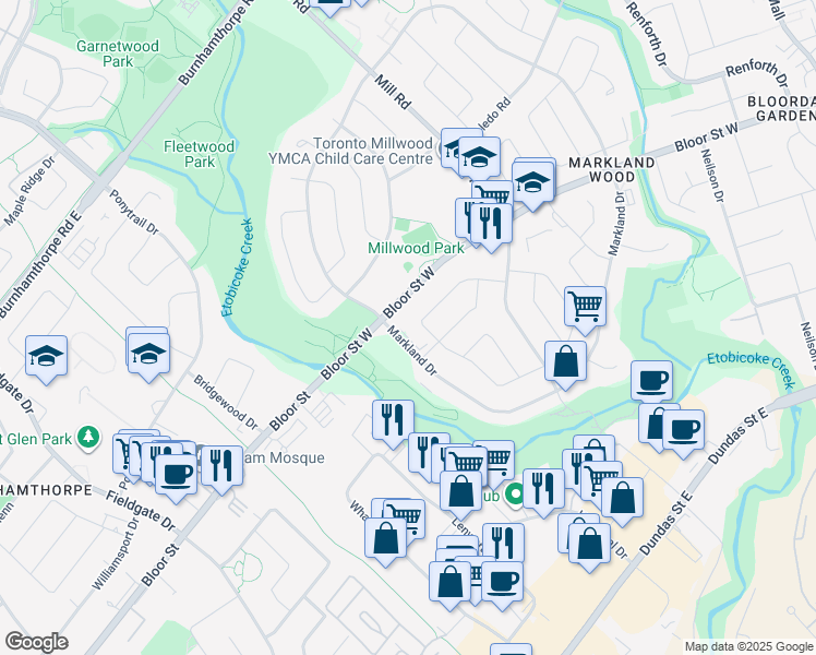 map of restaurants, bars, coffee shops, grocery stores, and more near in Toronto