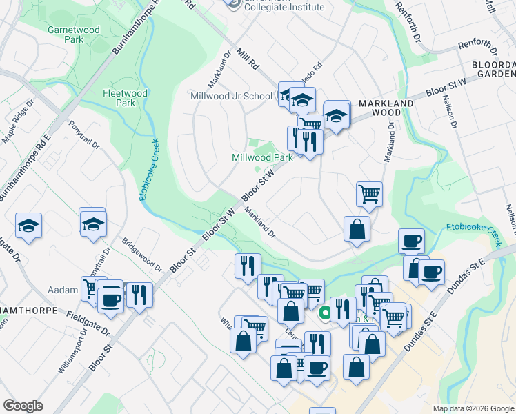 map of restaurants, bars, coffee shops, grocery stores, and more near 240 Markland Drive in Toronto