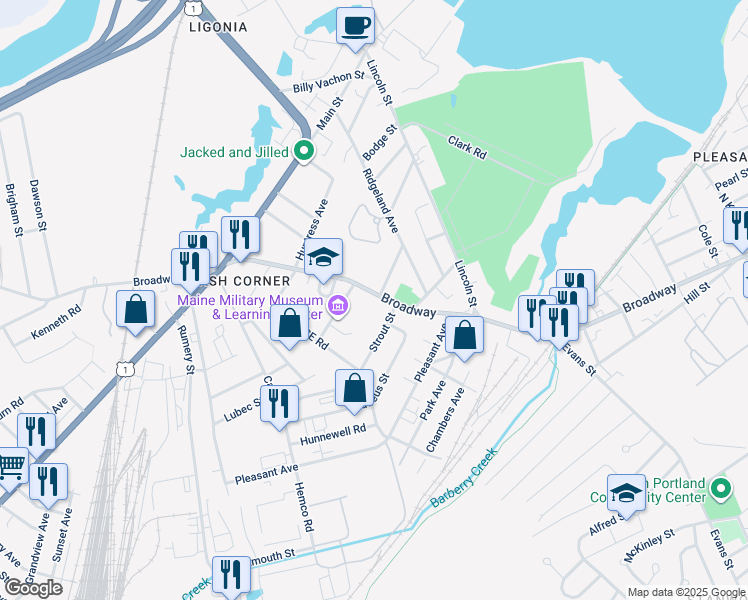 map of restaurants, bars, coffee shops, grocery stores, and more near 1286 Broadway in South Portland