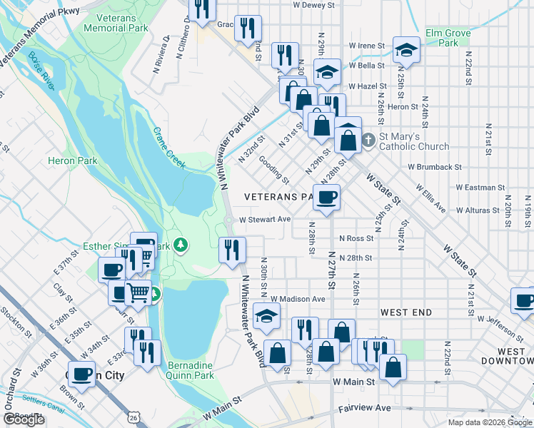 map of restaurants, bars, coffee shops, grocery stores, and more near 2914 West Stewart Avenue in Boise