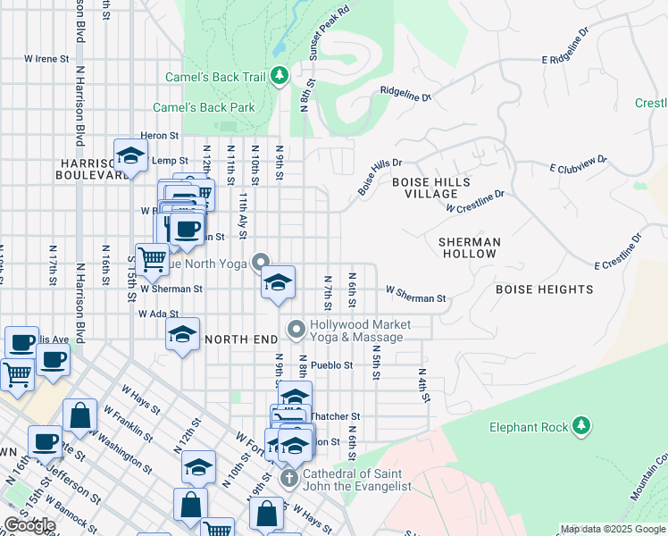 map of restaurants, bars, coffee shops, grocery stores, and more near 1620 North 7th Street in Boise