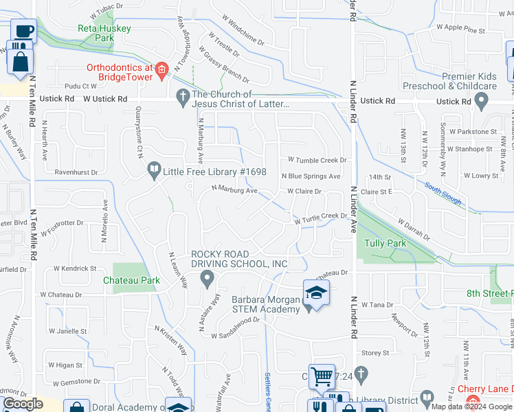 map of restaurants, bars, coffee shops, grocery stores, and more near 2659 North Rough Stone Way in Meridian