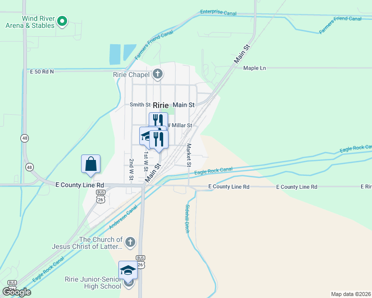 map of restaurants, bars, coffee shops, grocery stores, and more near 250 Hewitt Street in Ririe