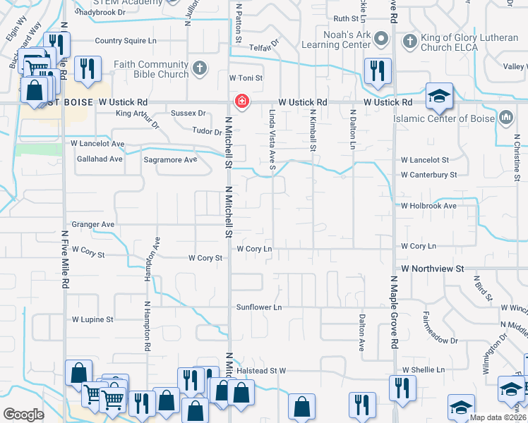 map of restaurants, bars, coffee shops, grocery stores, and more near 9631 West Macaw Street in Boise