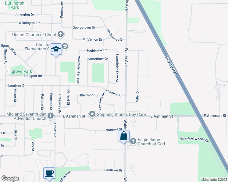 map of restaurants, bars, coffee shops, grocery stores, and more near 3113 Lambros Drive in Midland