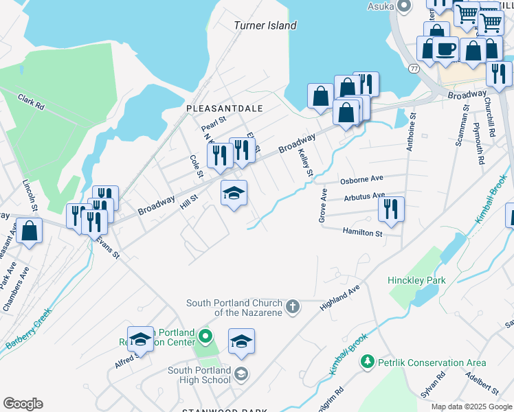 map of restaurants, bars, coffee shops, grocery stores, and more near 152 South Kelsey Street in South Portland