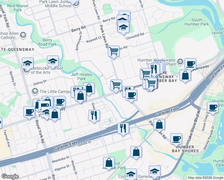 map of restaurants, bars, coffee shops, grocery stores, and more near 3 Bonnyview Drive in Toronto