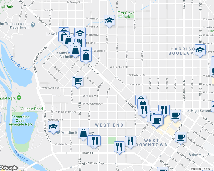 map of restaurants, bars, coffee shops, grocery stores, and more near 2411 West State Street in Boise
