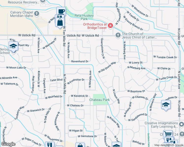 map of restaurants, bars, coffee shops, grocery stores, and more near 2661 North Old Stone Way in Meridian