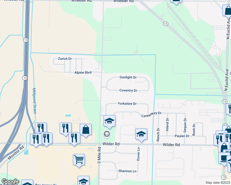 map of restaurants, bars, coffee shops, grocery stores, and more near 3052 Coventry Drive in Bay City