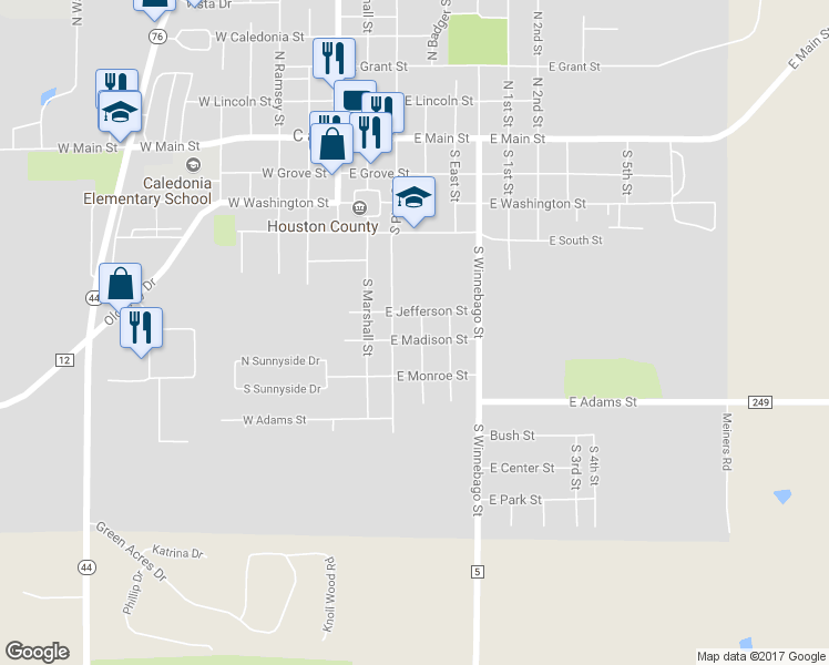 map of restaurants, bars, coffee shops, grocery stores, and more near 323 East Madison Street in Caledonia