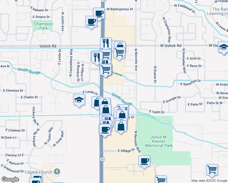 map of restaurants, bars, coffee shops, grocery stores, and more near 2600 North Eagle Road in Meridian
