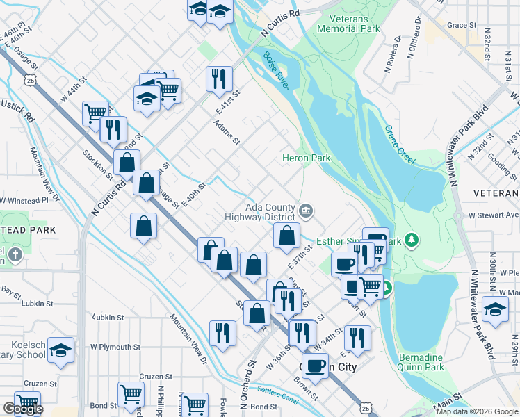 map of restaurants, bars, coffee shops, grocery stores, and more near 3949 Zinnia Street in Boise