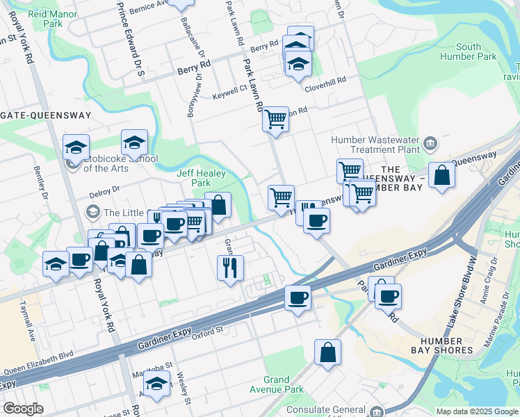 map of restaurants, bars, coffee shops, grocery stores, and more near 6 Bonnyview Drive in Toronto