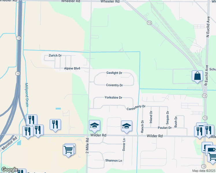 map of restaurants, bars, coffee shops, grocery stores, and more near 3074 Coventry Drive in Bay City