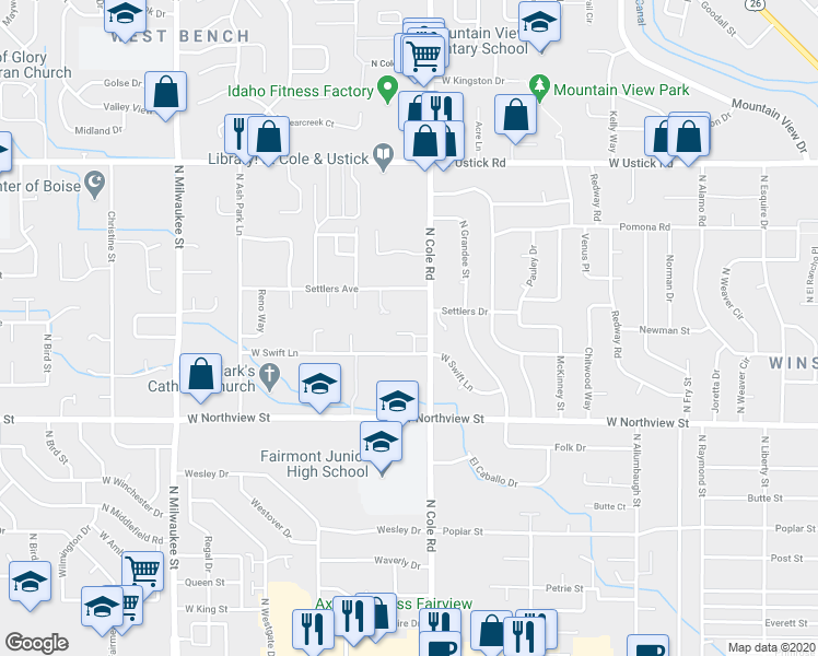 map of restaurants, bars, coffee shops, grocery stores, and more near 7479 West Holbrook Lane in Boise