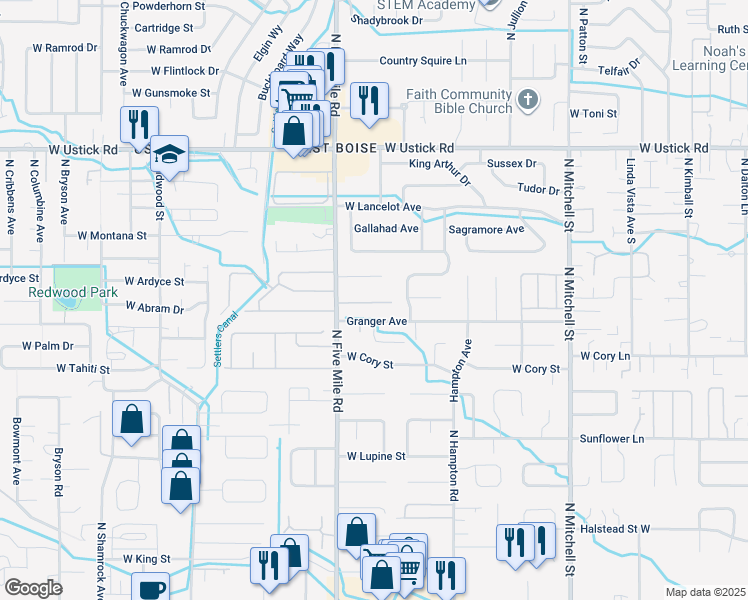 map of restaurants, bars, coffee shops, grocery stores, and more near 10532 West Granger Avenue in Boise