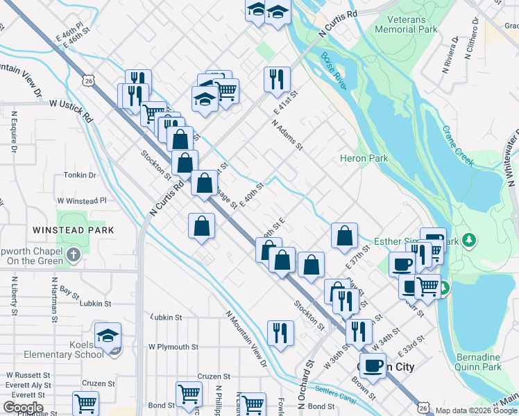 map of restaurants, bars, coffee shops, grocery stores, and more near 128 East 39th Street in Boise