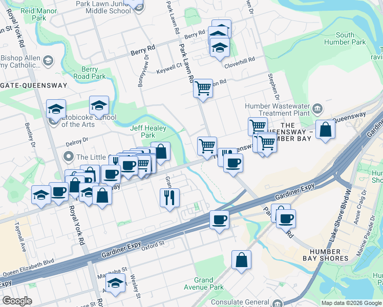 map of restaurants, bars, coffee shops, grocery stores, and more near 6 Bonnyview Drive in Toronto