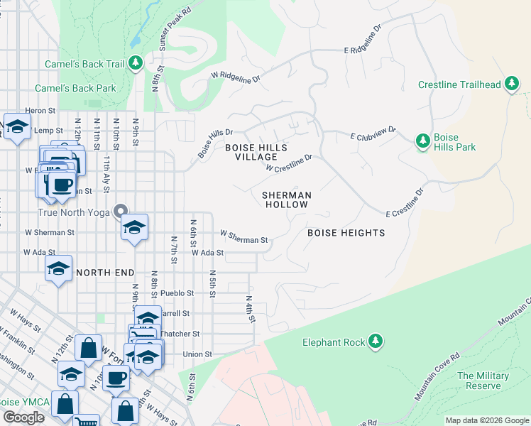 map of restaurants, bars, coffee shops, grocery stores, and more near 345 Panorama Place in Boise