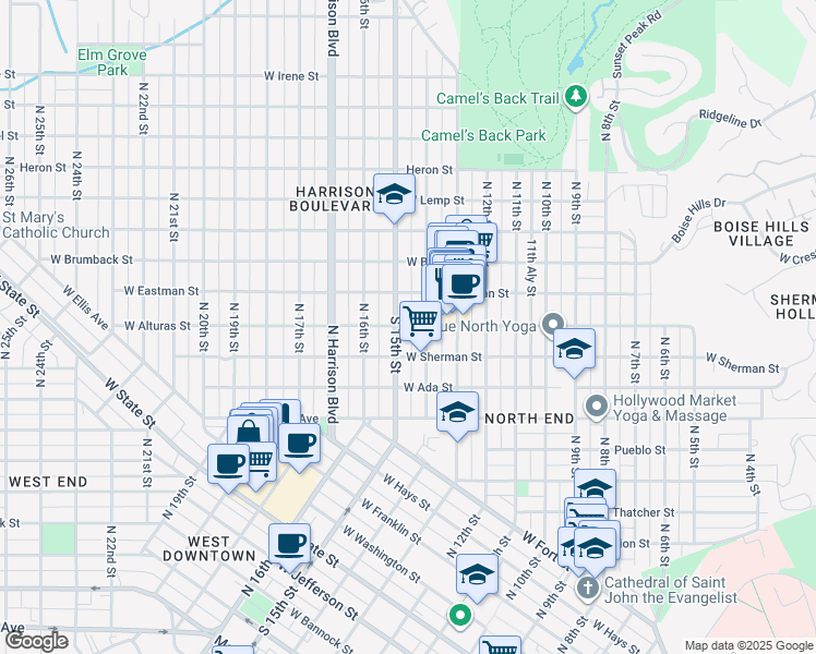 map of restaurants, bars, coffee shops, grocery stores, and more near West Alturas Street in Boise