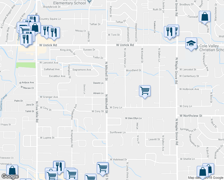 map of restaurants, bars, coffee shops, grocery stores, and more near 2650 North Mitchell Street in Boise