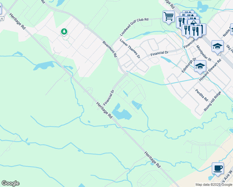 map of restaurants, bars, coffee shops, grocery stores, and more near 52 Brushwood Drive in Brampton