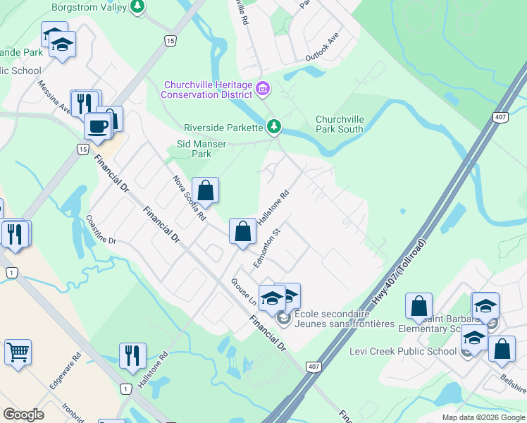 map of restaurants, bars, coffee shops, grocery stores, and more near 1592 Hallstone Road in Brampton