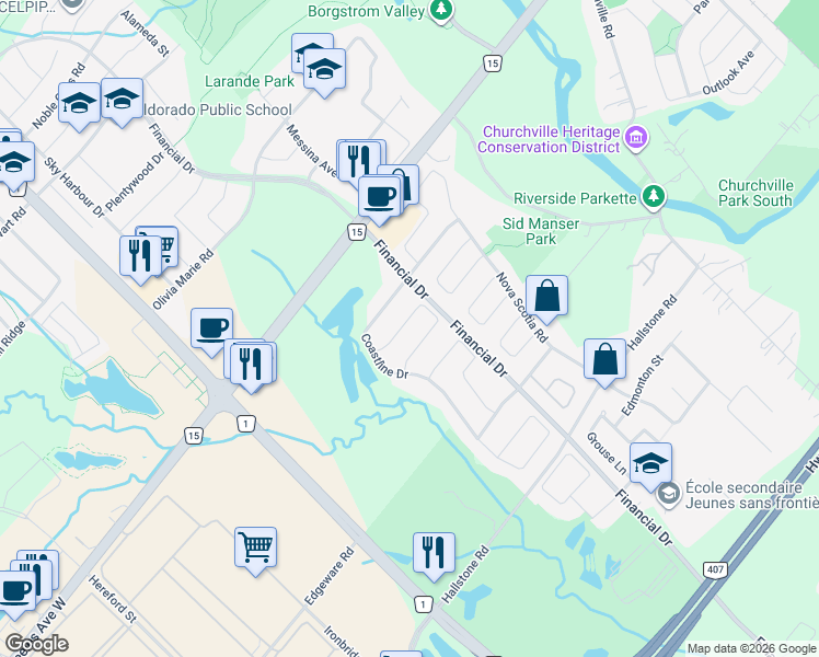 map of restaurants, bars, coffee shops, grocery stores, and more near 19 Mediterranean Crescent in Brampton