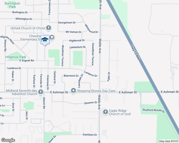 map of restaurants, bars, coffee shops, grocery stores, and more near 3113 Lambros Drive in Midland