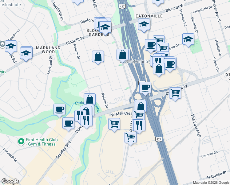 map of restaurants, bars, coffee shops, grocery stores, and more near 9 Stevenharris Drive in Toronto