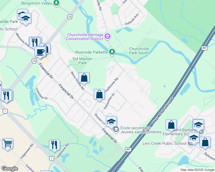 map of restaurants, bars, coffee shops, grocery stores, and more near 1593 Hallstone Road in Brampton