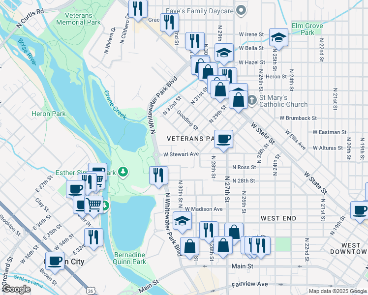 map of restaurants, bars, coffee shops, grocery stores, and more near 2910 West Stewart Avenue in Boise