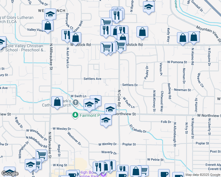 map of restaurants, bars, coffee shops, grocery stores, and more near 7479 West Holbrook Lane in Boise