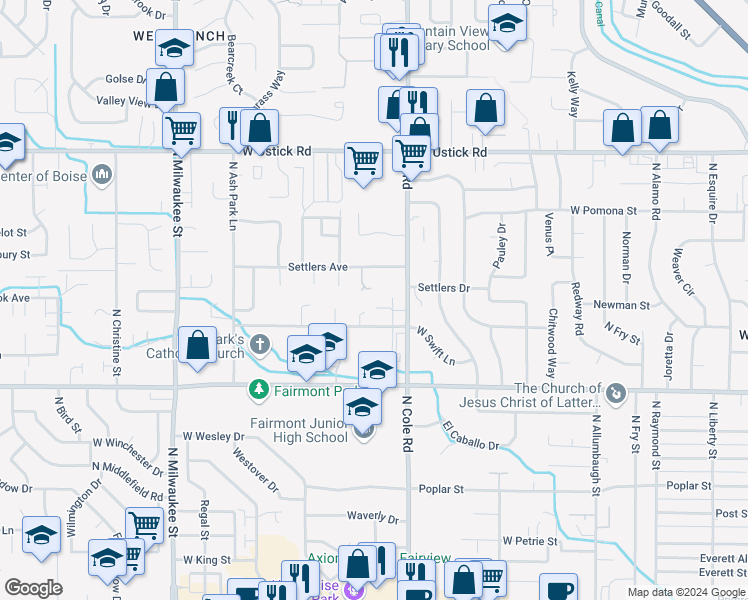 map of restaurants, bars, coffee shops, grocery stores, and more near 7479 West Holbrook Lane in Boise