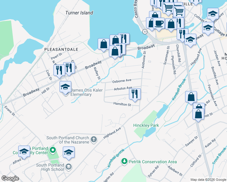 map of restaurants, bars, coffee shops, grocery stores, and more near 59 Baltimore Avenue in South Portland