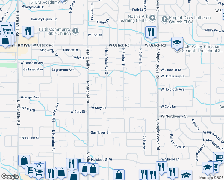 map of restaurants, bars, coffee shops, grocery stores, and more near 2640 North Linda Vista Lane in Boise