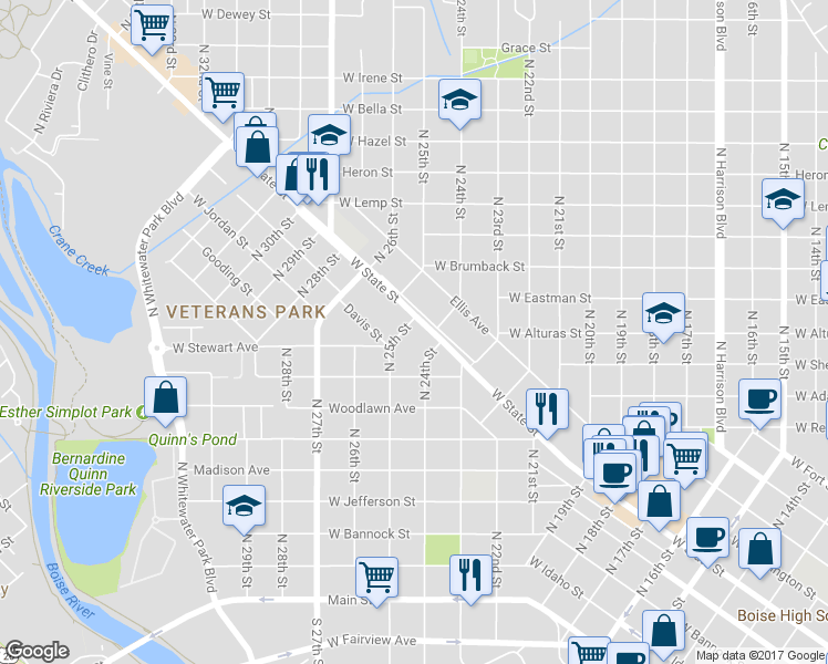 map of restaurants, bars, coffee shops, grocery stores, and more near 2419 West State Street in Boise