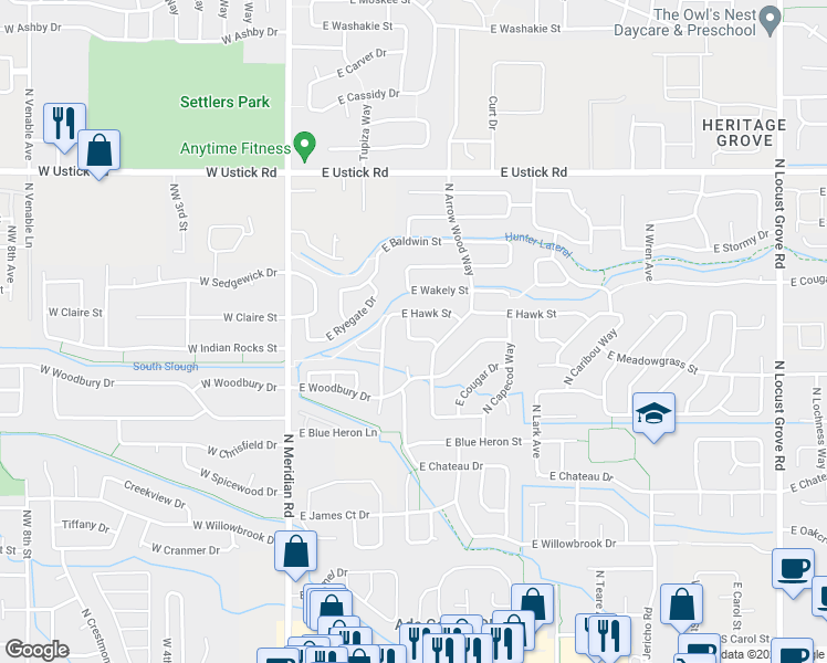 map of restaurants, bars, coffee shops, grocery stores, and more near 2710 North Eureka Avenue in Meridian