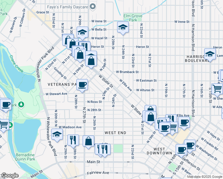 map of restaurants, bars, coffee shops, grocery stores, and more near 2419 West State Street in Boise