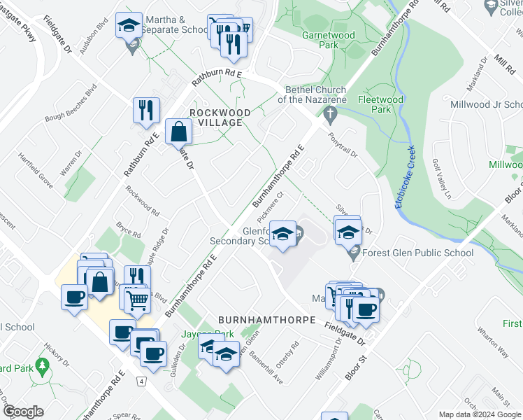 map of restaurants, bars, coffee shops, grocery stores, and more near 1735 Pickmere Court in Mississauga