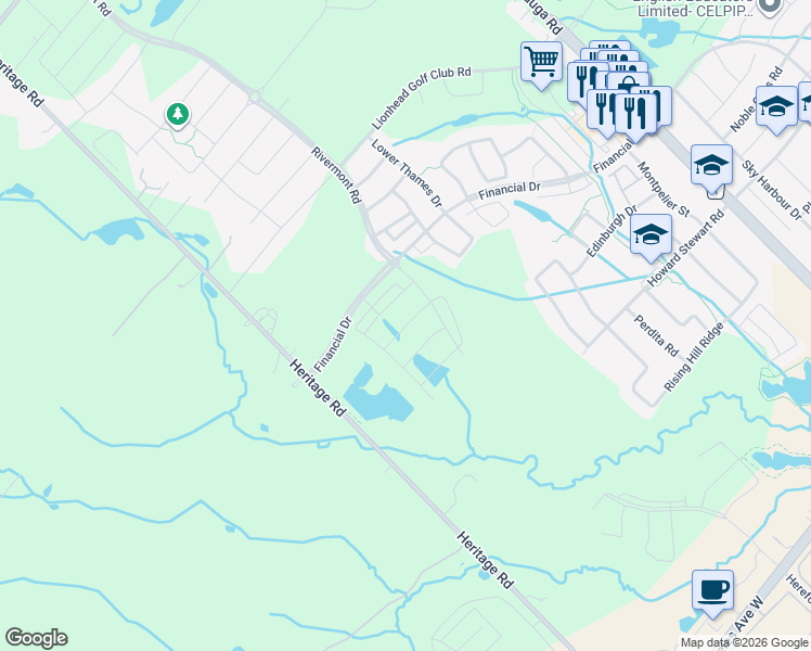 map of restaurants, bars, coffee shops, grocery stores, and more near Quinton Ridge in Brampton