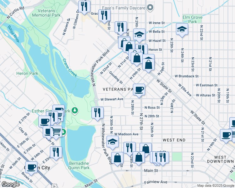 map of restaurants, bars, coffee shops, grocery stores, and more near 2910 West Stewart Avenue in Boise