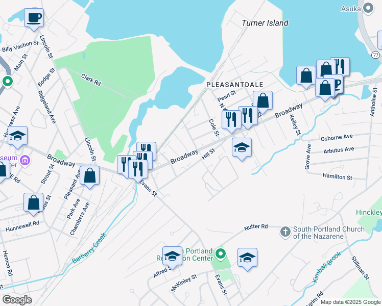 map of restaurants, bars, coffee shops, grocery stores, and more near 1024 Broadway in South Portland