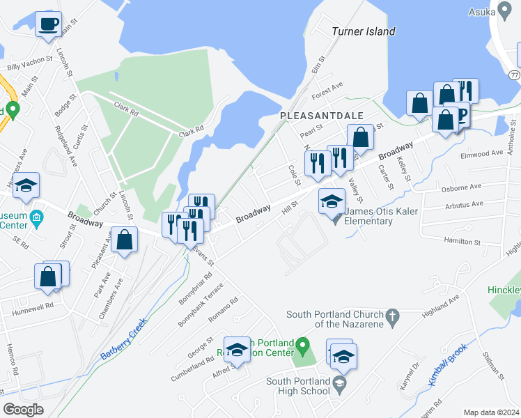 map of restaurants, bars, coffee shops, grocery stores, and more near 1024 Broadway in South Portland