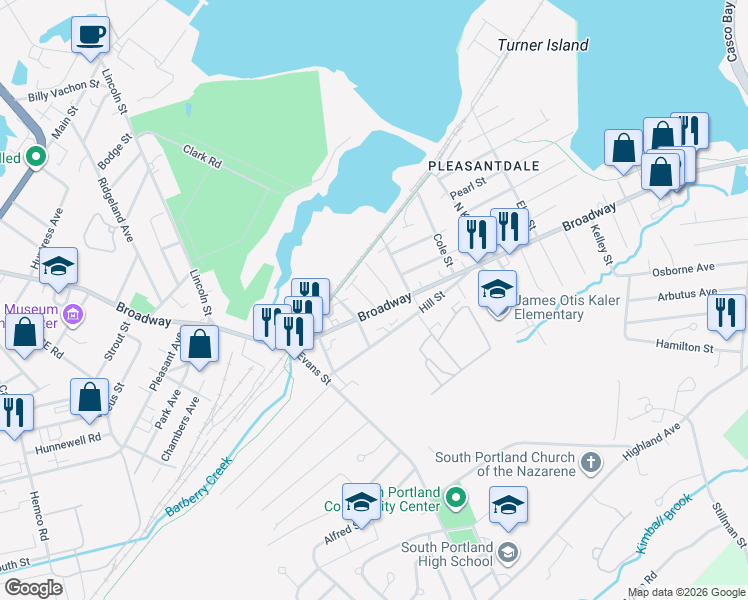 map of restaurants, bars, coffee shops, grocery stores, and more near 1024 Broadway in South Portland